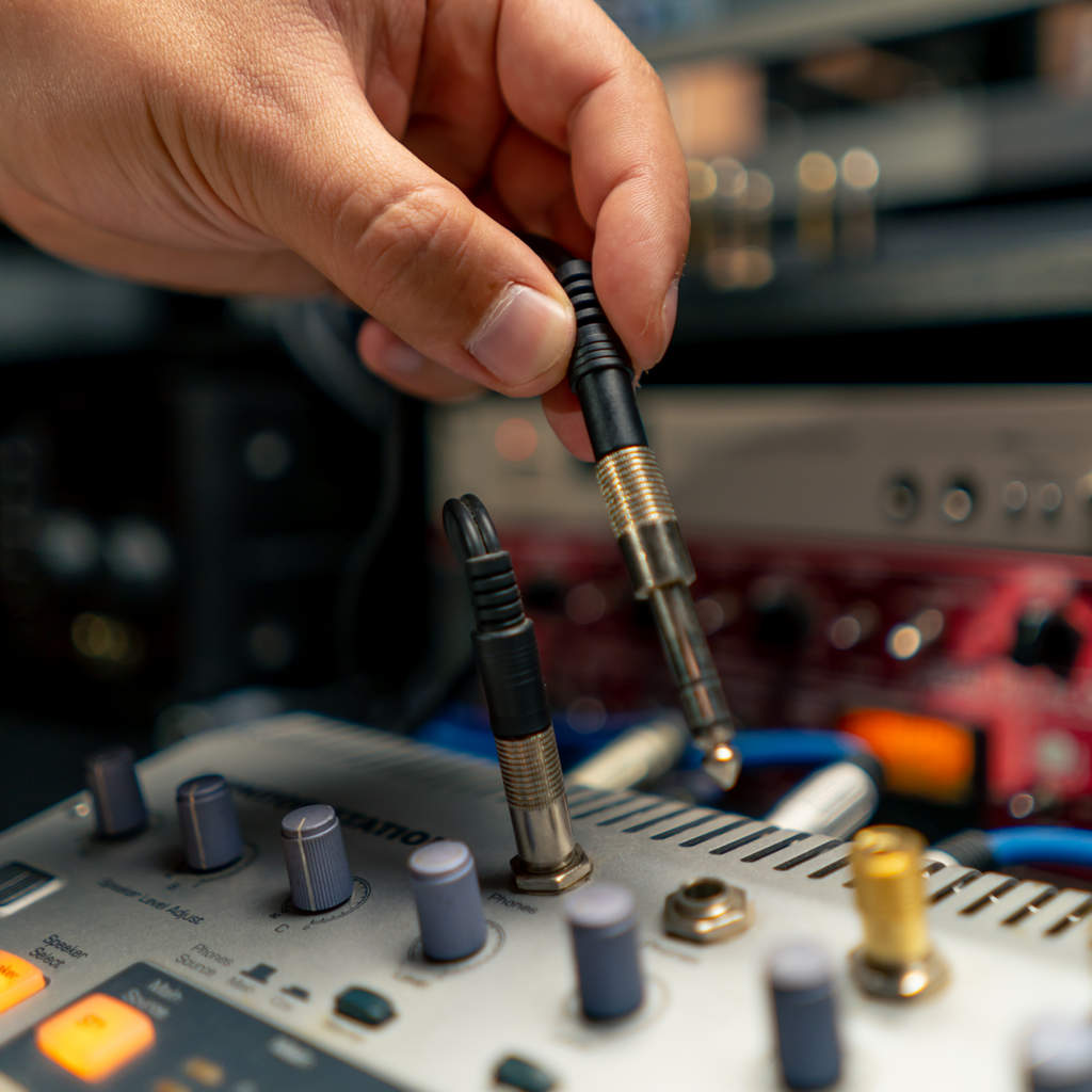 Man schließt ein Klinkenstecker in ein Mischpult