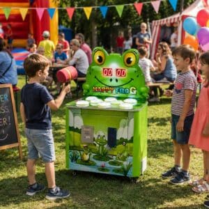Hau den Frosch Whack-a-Mole Spielautomat auf Event Interaktives Whack-a-Mole Spiel für Kinderfest Hau den Frosch Eventmodul bei Kinderveranstaltung Arcade Reaktionsspiel für Firmenfeier und Familienfest Whack-a-Mole Automat mieten Saarland